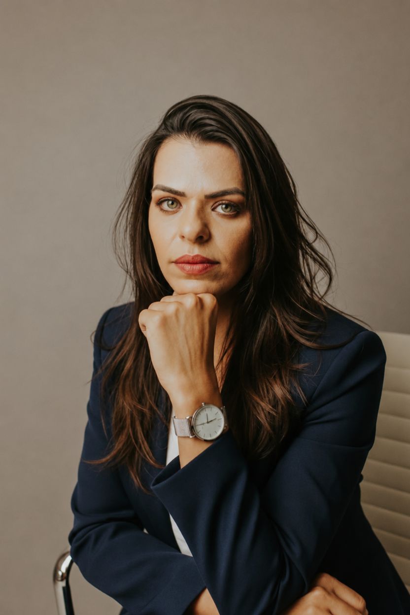 Retrato profissional de Gabi Dias, fundadora do Instituto, vestindo blazer azul marinho com postura de autoridade e confiança