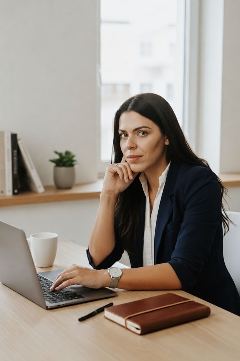 Gabi Dias em ambiente profissional, sentada à mesa de trabalho com postura reflexiva e confiante